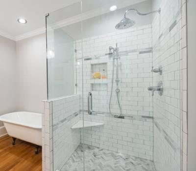 Modern Half Wall Glass Shower with Subway Tiles