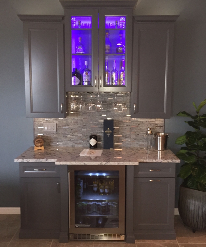 Modern Home Bar Cabinet with LED Lighting and Mini Fridge