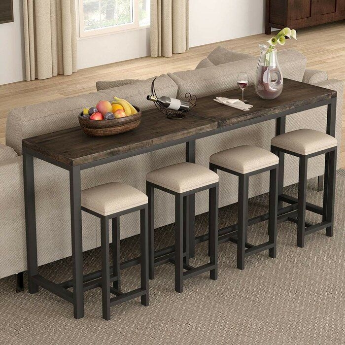 Modern Industrial Bar Table with Stools Behind Sofa