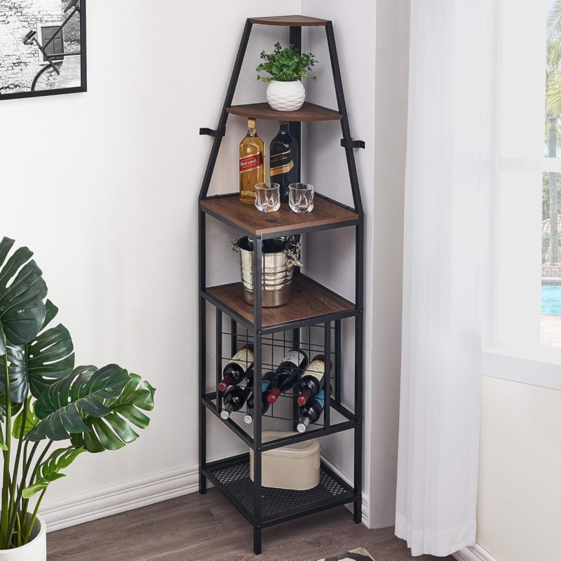 Modern Industrial Corner Wine Rack with Shelves