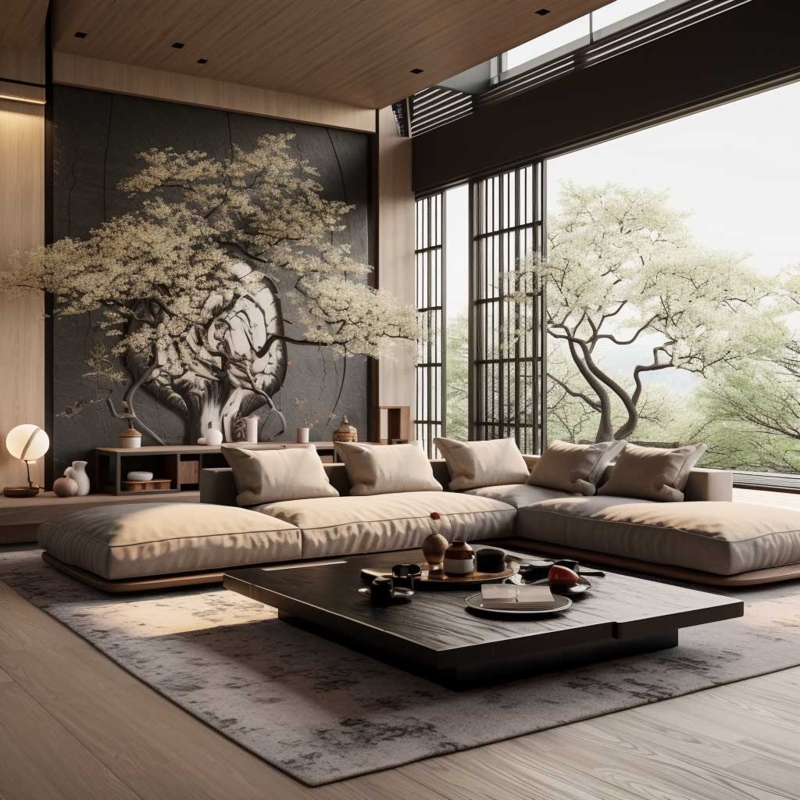Modern Japanese Style Living Room with Natural Elements