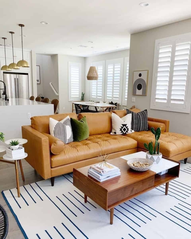 Modern Living Room with Camel Leather Sectional Sofa