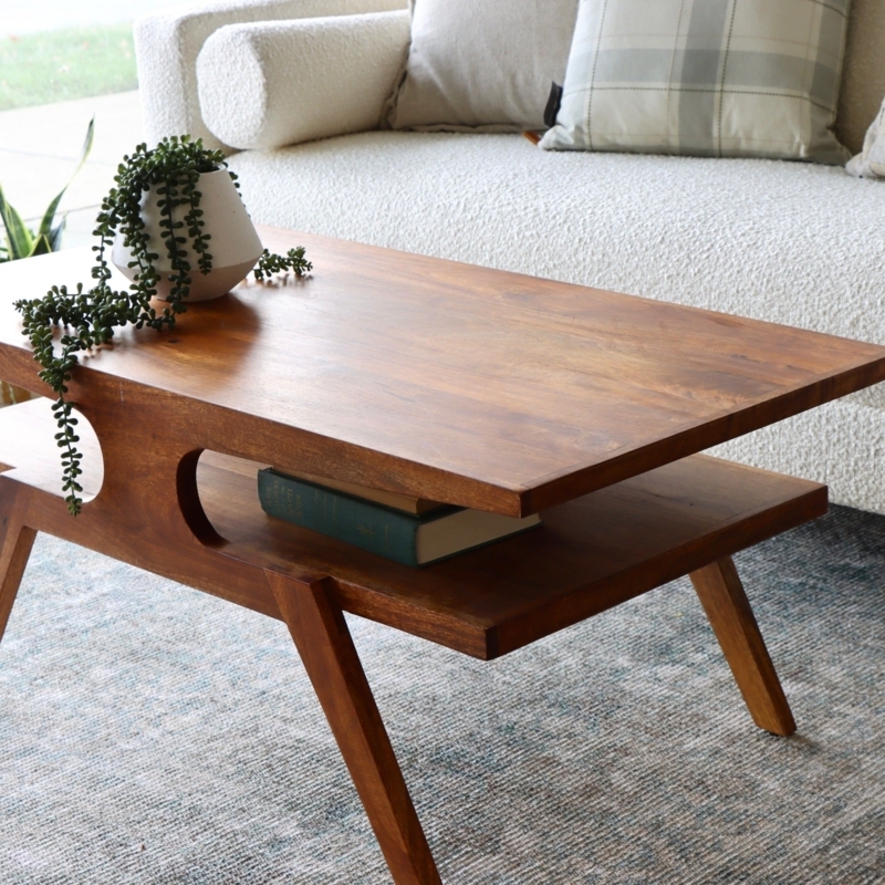 Modern Mango Wood Coffee Table with Storage Shelf