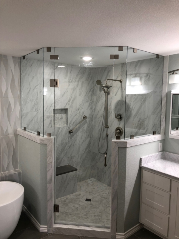 Modern Neo-Angled Glass Shower with Marble Half Walls