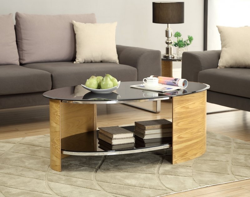 Modern Oak Curved Coffee Table with Glass Top