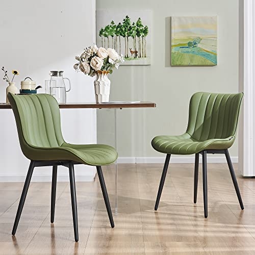 Modern Olive Green Leather Dining Chairs with Black Legs