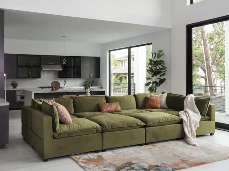 Modern Open Living Room with Olive Green Sofa