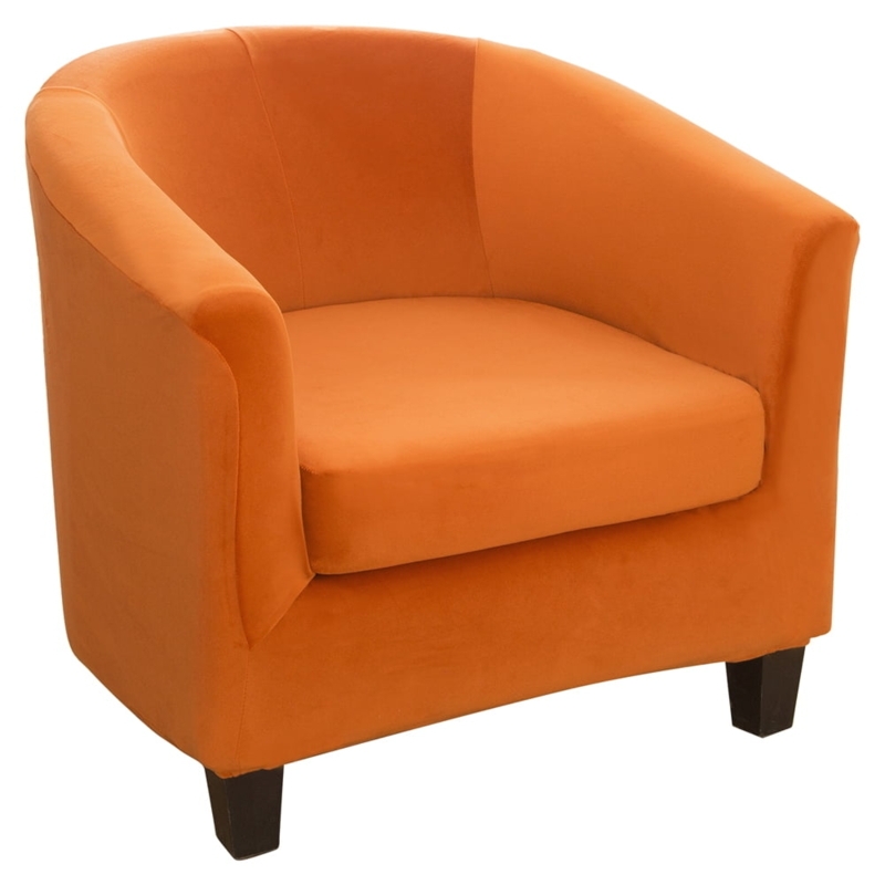 Modern Orange Velvet Tub Chair with Wooden Legs
