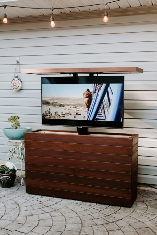 Modern Outdoor TV Lift Cabinet in Brazilian Walnut