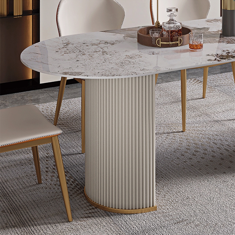 Modern Oval Marble Dining Table with Double Pedestals