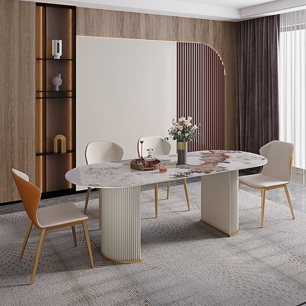 Modern Oval Marble Dining Table with Double Pedestals