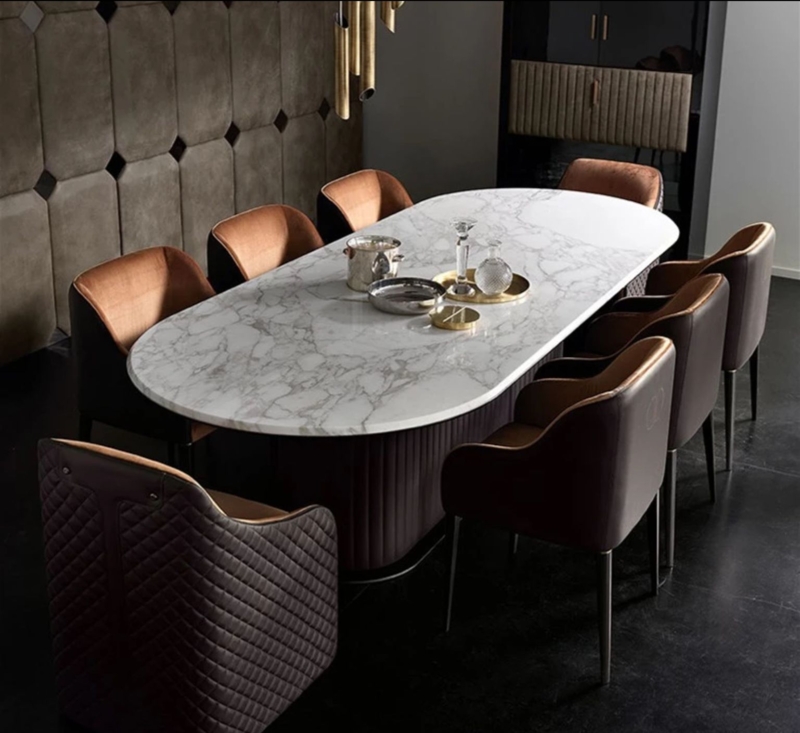 Modern Oval Marble Dining Table with Leather Chairs