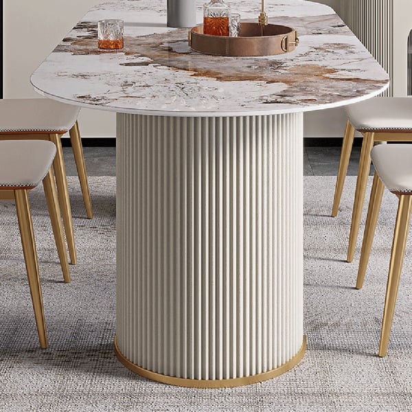 Modern Oval Marble Dining Table with Stainless Pedestals