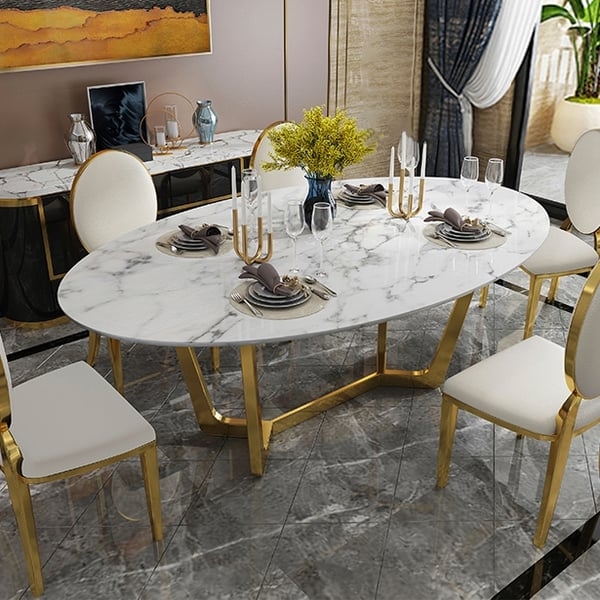 Modern Oval White Faux Marble Dining Table with Gold Base