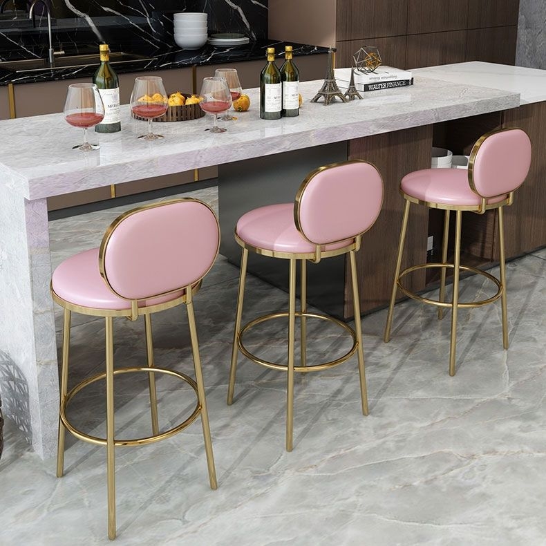 Modern Pink Faux Leather Bar Stools with Gold Legs