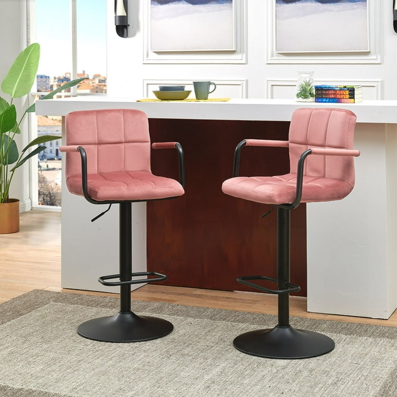 Modern Pink Velvet Adjustable Bar Stools Set