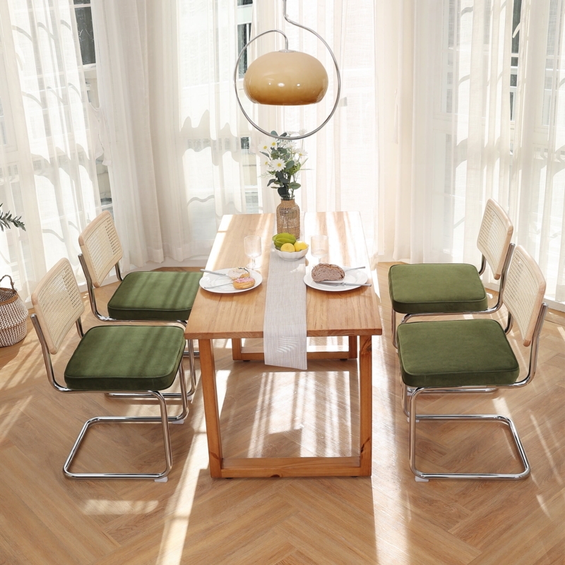 Modern Rattan Dining Chairs with Green Velvet Cushions