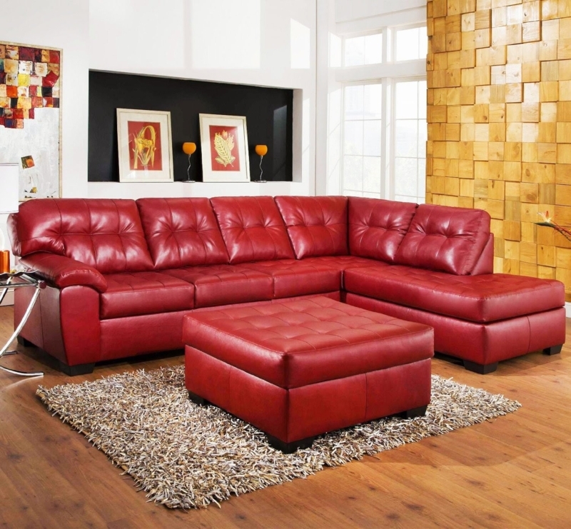 Modern Red Leather Sectional Couch with Ottoman