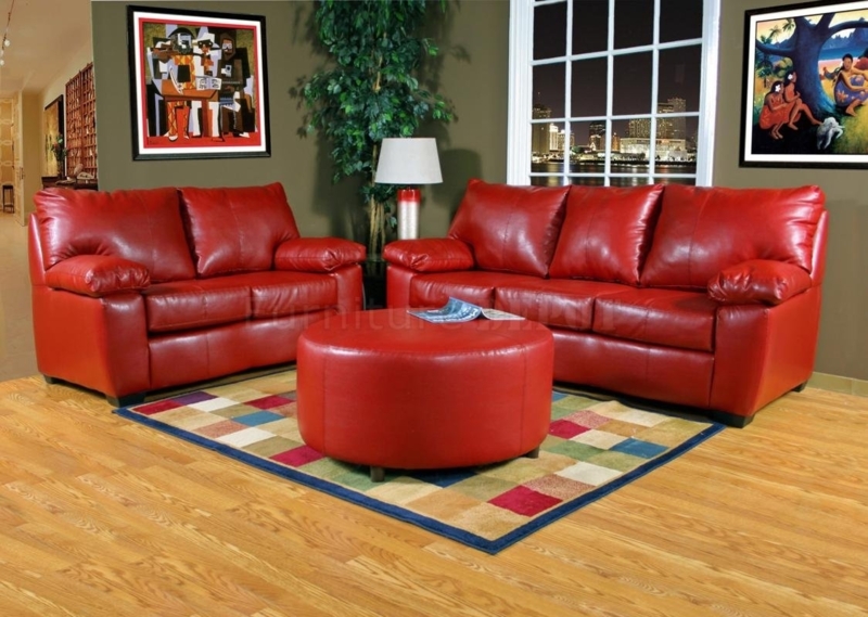 Modern Red Leather Sofa Set with Colorful Rug