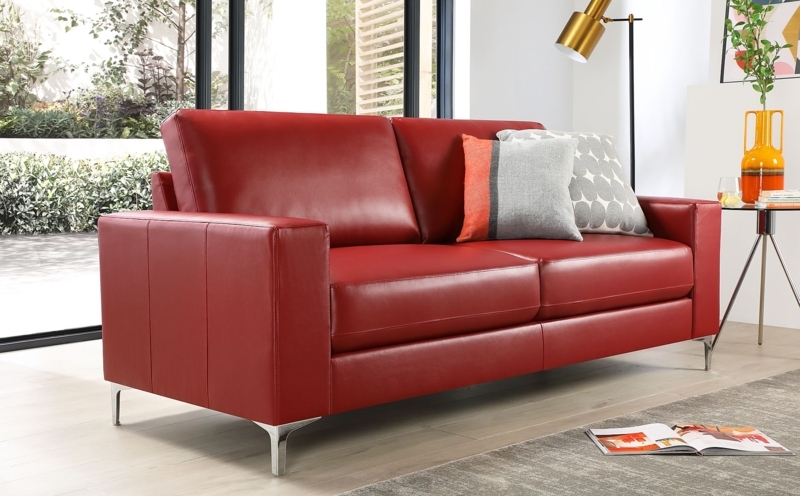 Modern Red Leather Sofa with Decorative Cushions