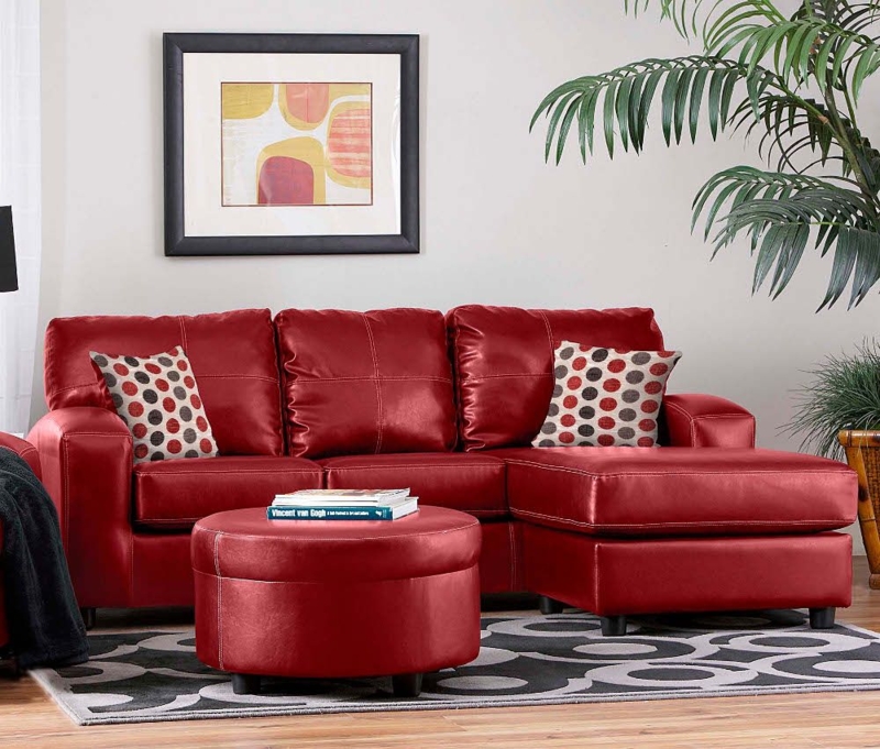 Modern Red Leather Sofa with Polka Dot Pillows