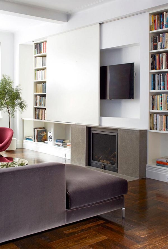 Modern Sliding Panel to Hide TV in Living Room