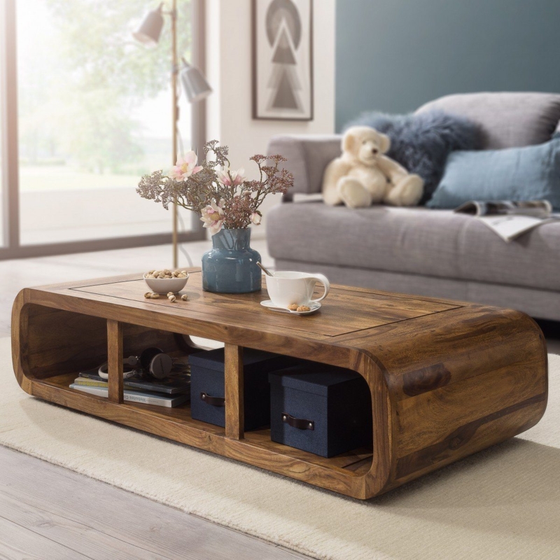 Modern Solid Wood Curved Coffee Table with Open Shelves