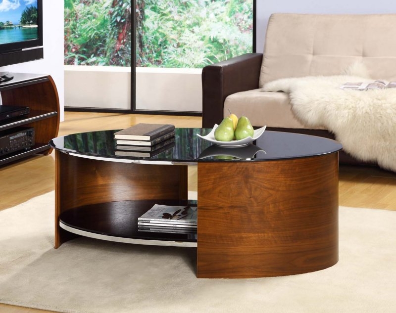 Modern Walnut Curved Coffee Table with Black Glass