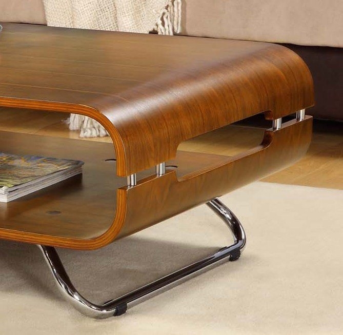 Modern Walnut Curved Coffee Table with Chrome Legs
