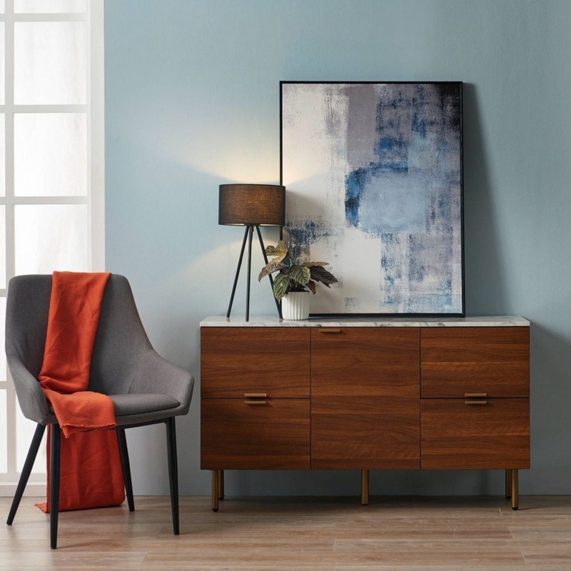 Modern Walnut Marble Top Sideboard with Art