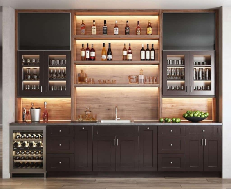 Modern Wet Bar with Dark Cabinets and Backlighting