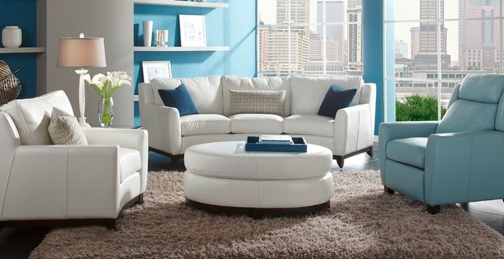 Modern White and Blue Leather Conversation Sofas