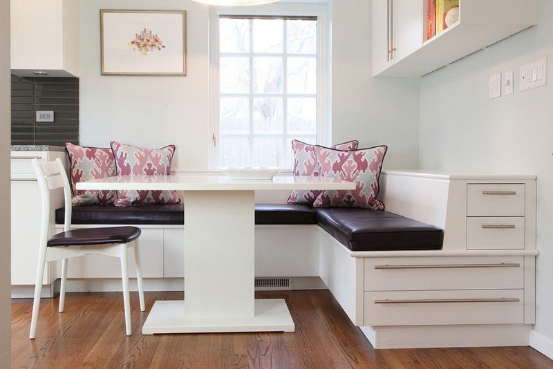 Modern White Banquette Seating with Storage Drawers