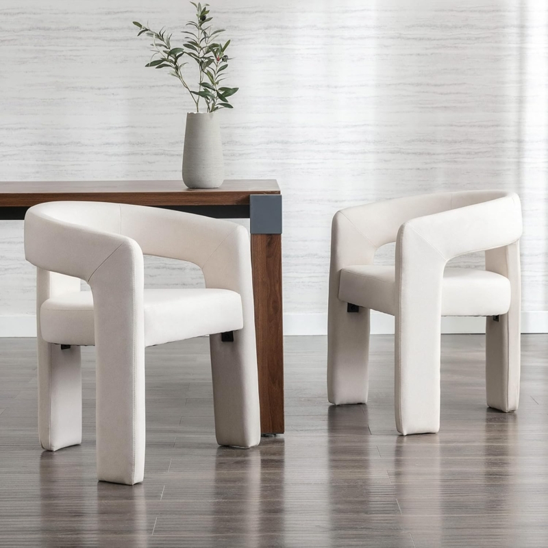 Modern White Barrel Dining Chairs with Linen Upholstery