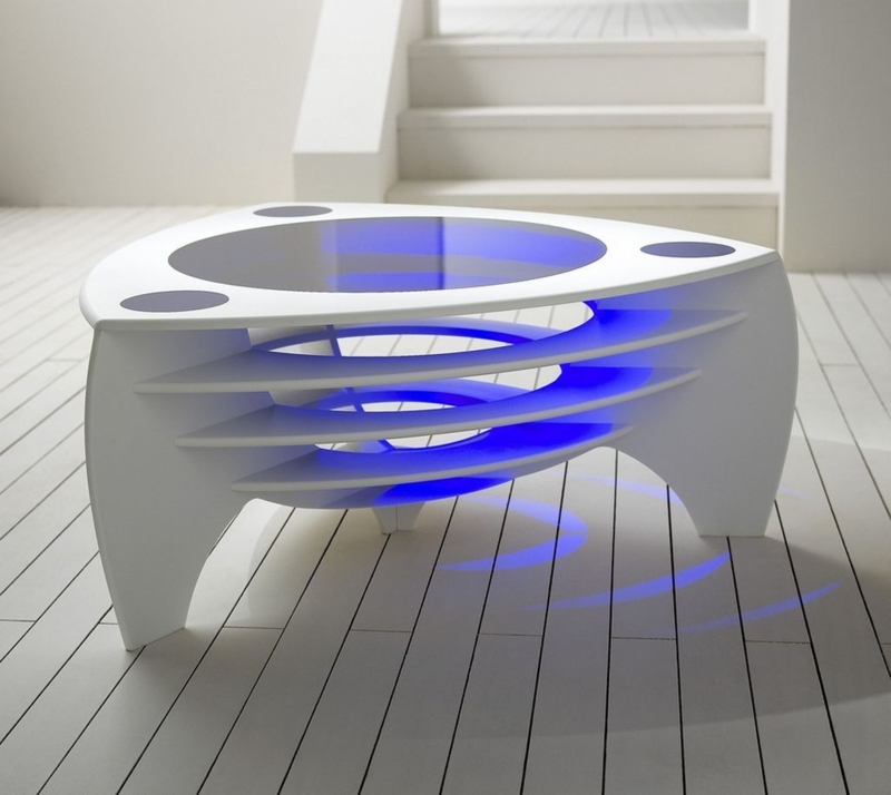 Modern White Coffee Table with Blue LED Light
