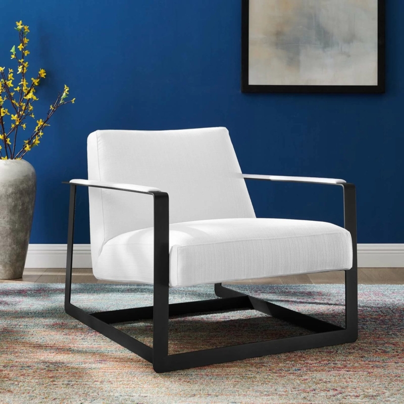 Modern White Fabric Accent Chair with Black Frame
