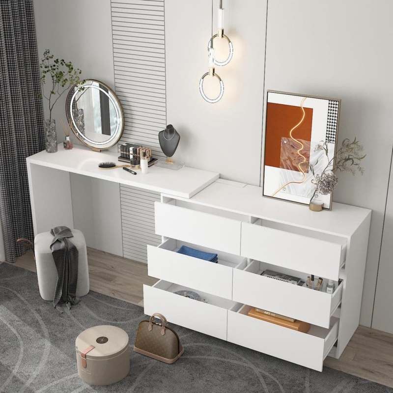 Modern White L-Shaped 6-Drawer Dresser with Desk