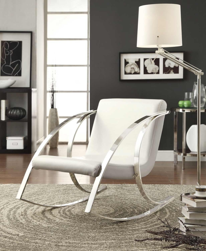 Modern White Leather Rocking Chair with Chrome Frame