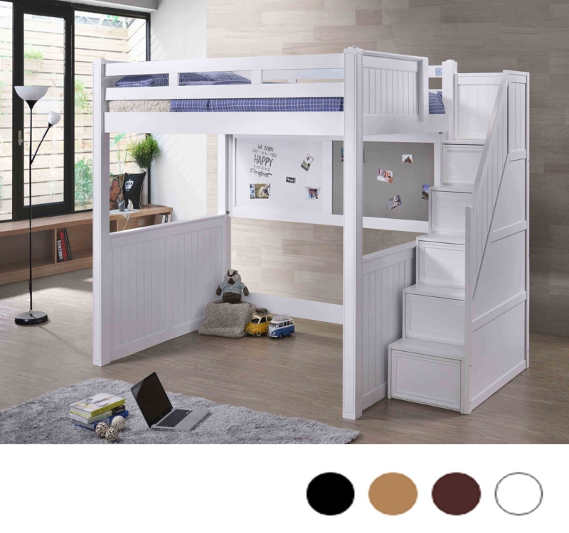 Modern White Loft Bed with Queen Size and Storage Stairs