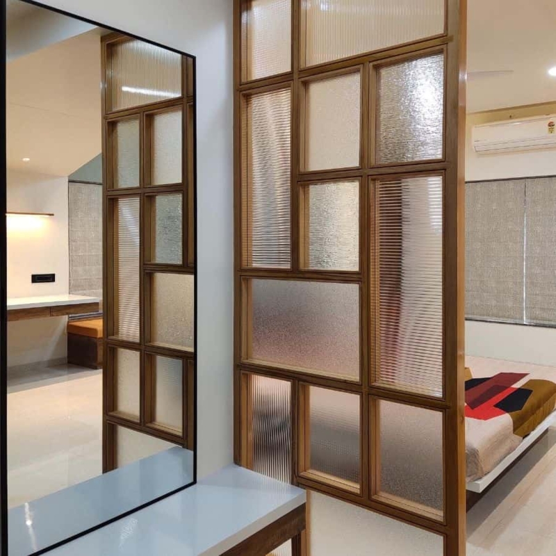 Modern Wooden Frame Frosted Glass Room Divider