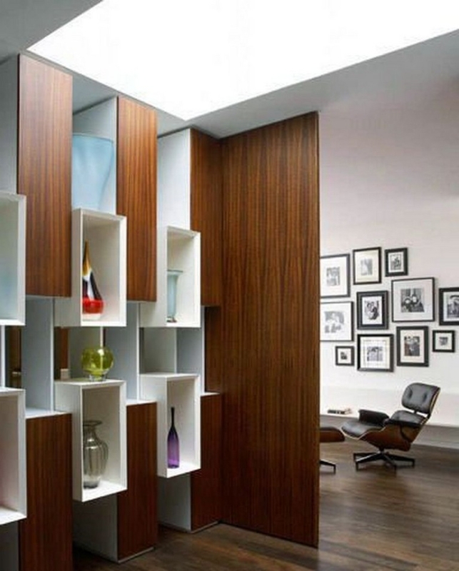 Modern Wooden Room Divider with Floating Shelves