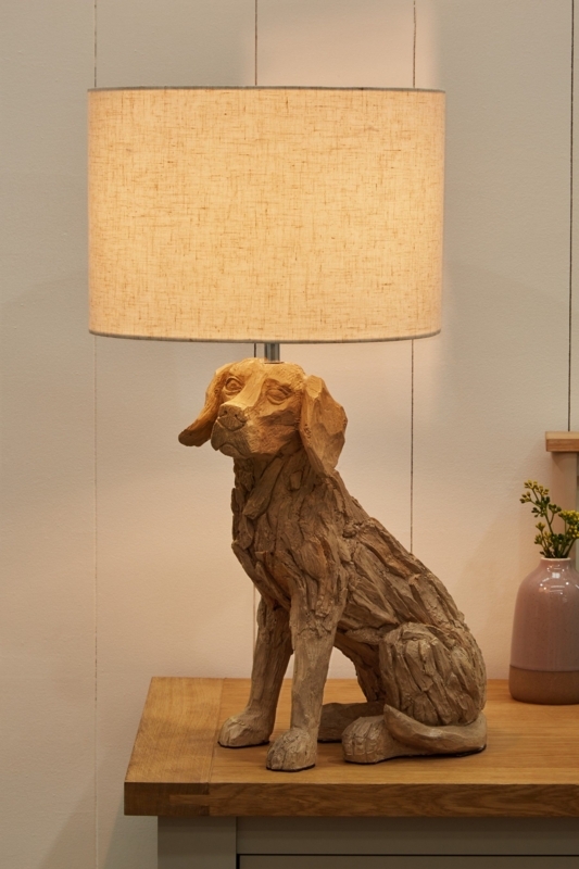 Natural Driftwood Dog Table Lamp with Beige Shade