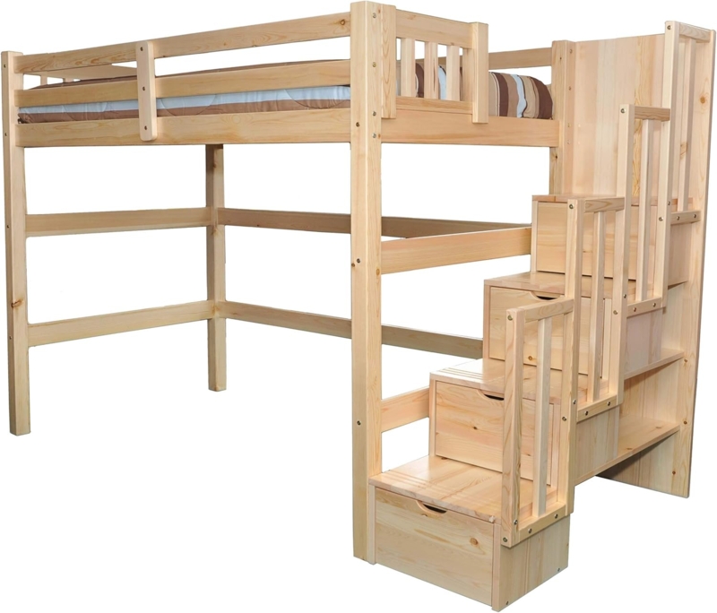 Natural Wood Queen Loft Bed with Built-in Storage Stairs