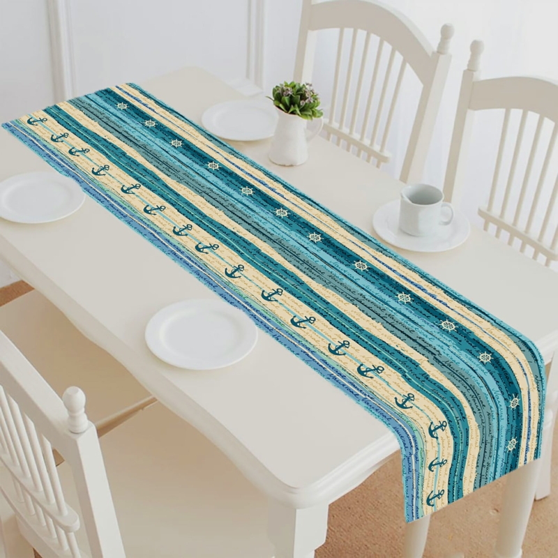 Nautical Blue Striped Table Runner with Anchors