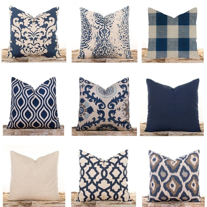 Navy and Burlap Patterned Throw Pillows Collection