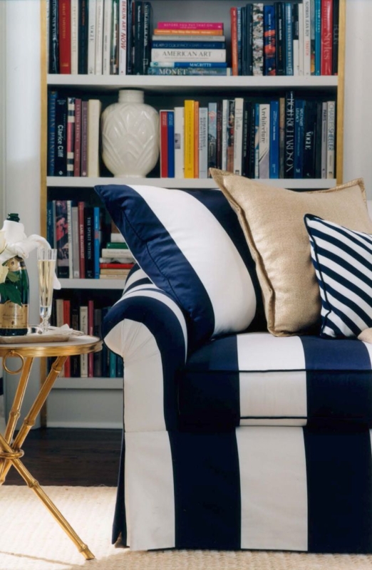 Navy Blue and White Striped Sofa with Accent Pillows