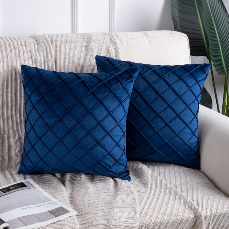 Navy Blue Velvet Pleated Decorative Throw Pillows