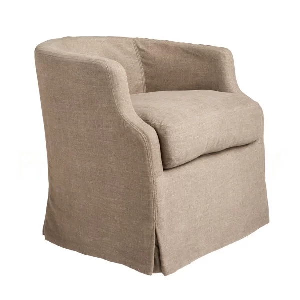 Neutral Beige Slipcovered Swivel Barrel Chair