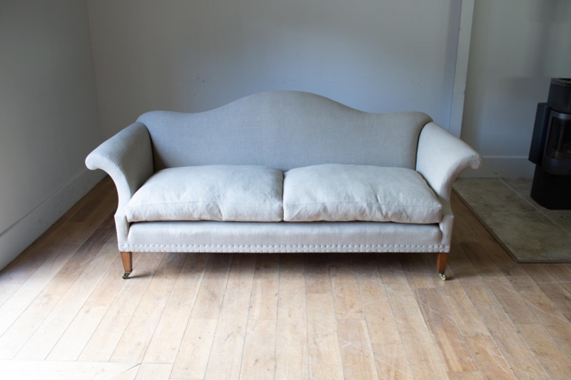 Neutral Linen Camelback Sofa with Classic Elegance