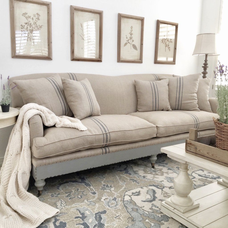Neutral Linen Sofa with French Stripes in Cozy Living Room